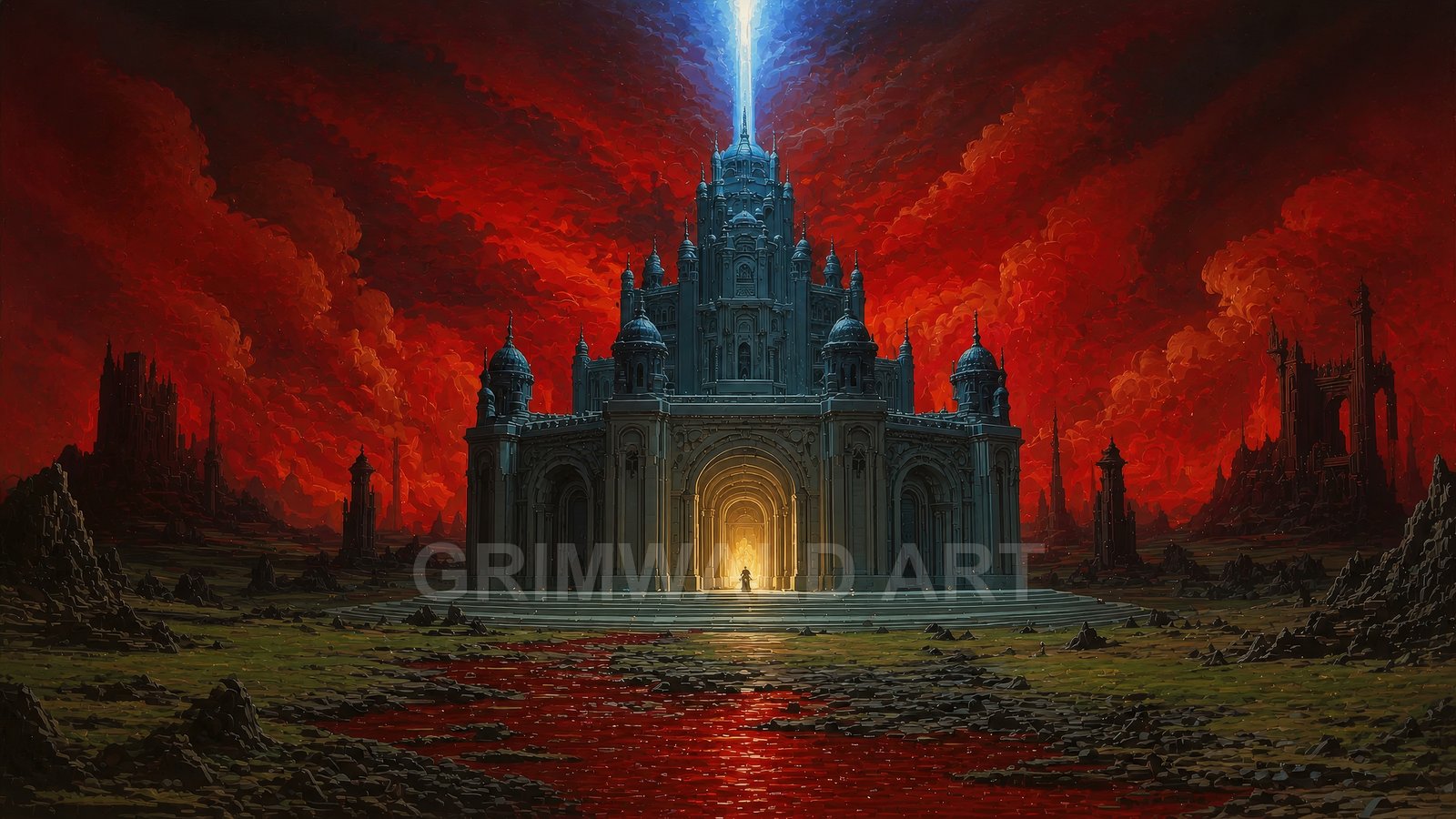 A grand gothic cathedral under a blood-red sky, a blue-white beam surging upward, glowing entrance, dark ruins and crimson river in the foreground.