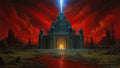 GRID THUMBNAIL — A grand gothic cathedral under a blood-red sky, a blue-white beam surging upward, glowing entrance, dark ruins and crimson river in the foreground.
