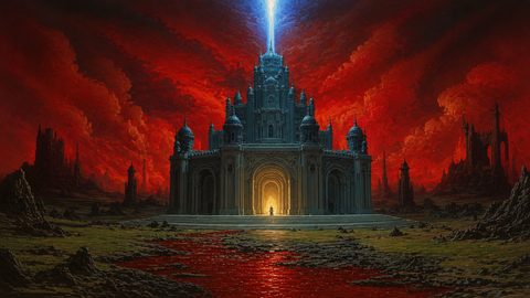GRID THUMBNAIL — A grand gothic cathedral under a blood-red sky, a blue-white beam surging upward, glowing entrance, dark ruins and crimson river in the foreground.
