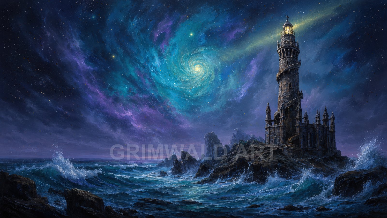 A gothic lighthouse fortress on jagged rocks above a turbulent sea, beneath a swirling teal galaxy, its beacon cutting through the night.