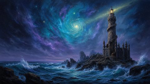 GRID THUMBNAIL — A gothic lighthouse fortress on jagged rocks above a turbulent sea, beneath a swirling teal galaxy, its beacon cutting through the night.