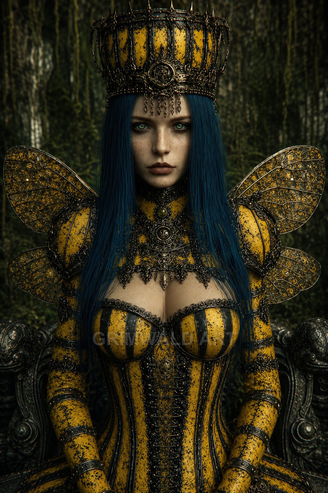 Armoured fairy queen with blue hair and veined wings wears an ornate crown, seated in a shadowed forest, clad in yellow-and-black striped regalia.