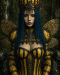 GRID THUMBNAIL — Armoured fairy queen with blue hair and veined wings wears an ornate crown, seated in a shadowed forest, clad in yellow-and-black striped regalia.