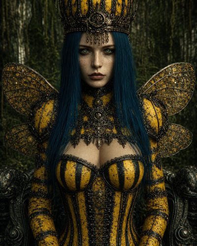GRID THUMBNAIL — Armoured fairy queen with blue hair and veined wings wears an ornate crown, seated in a shadowed forest, clad in yellow-and-black striped regalia.