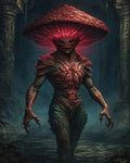 GRID THUMBNAIL — A towering fungal humanoid with a glowing red mushroom cap and claws stalks through misty flooded ruins at night, baring serrated teeth.