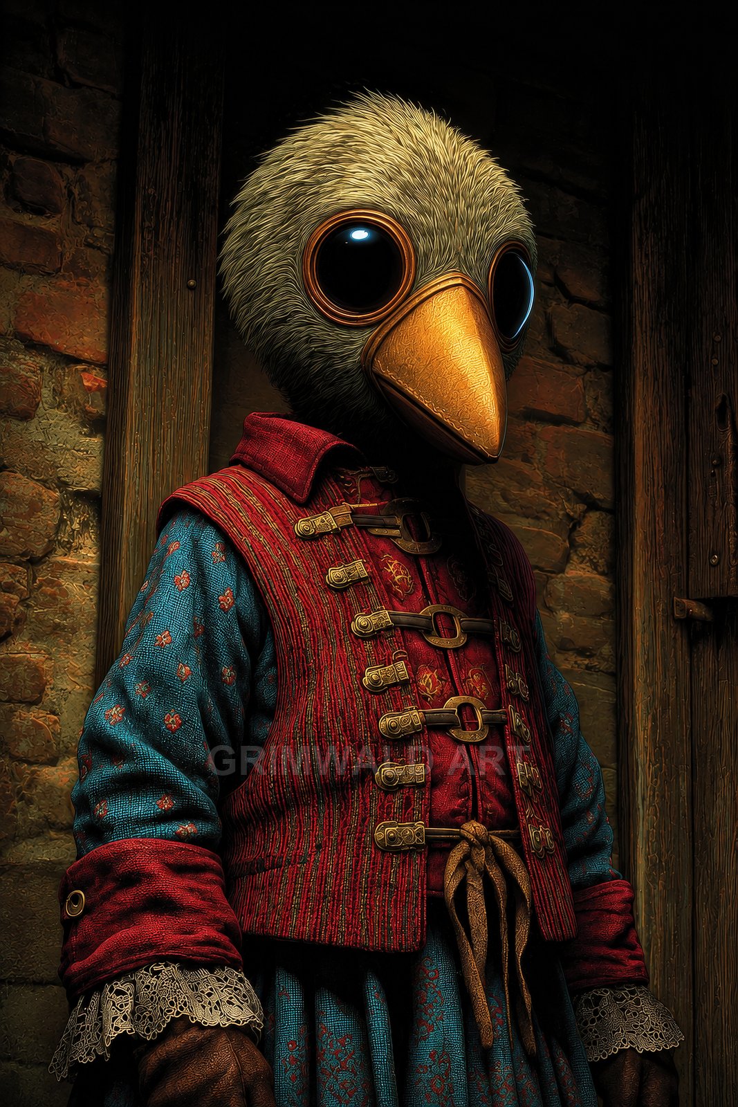 Anthropomorphic bird-headed figure wearing a red waistcoat and blue patterned garments with lace cuffs, standing by a worn stone wall in moody firelight.