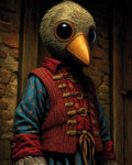 GRID THUMBNAIL — Anthropomorphic bird-headed figure wearing a red waistcoat and blue patterned garments with lace cuffs, standing by a worn stone wall in moody firelight.
