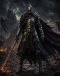 GRID THUMBNAIL — A dark armoured knight with tattered cloak and glowing visor stands on a smouldering battlefield, sword drawn, before a looming gothic castle.