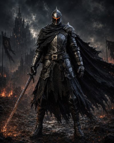 GRID THUMBNAIL — A dark armoured knight with tattered cloak and glowing visor stands on a smouldering battlefield, sword drawn, before a looming gothic castle.