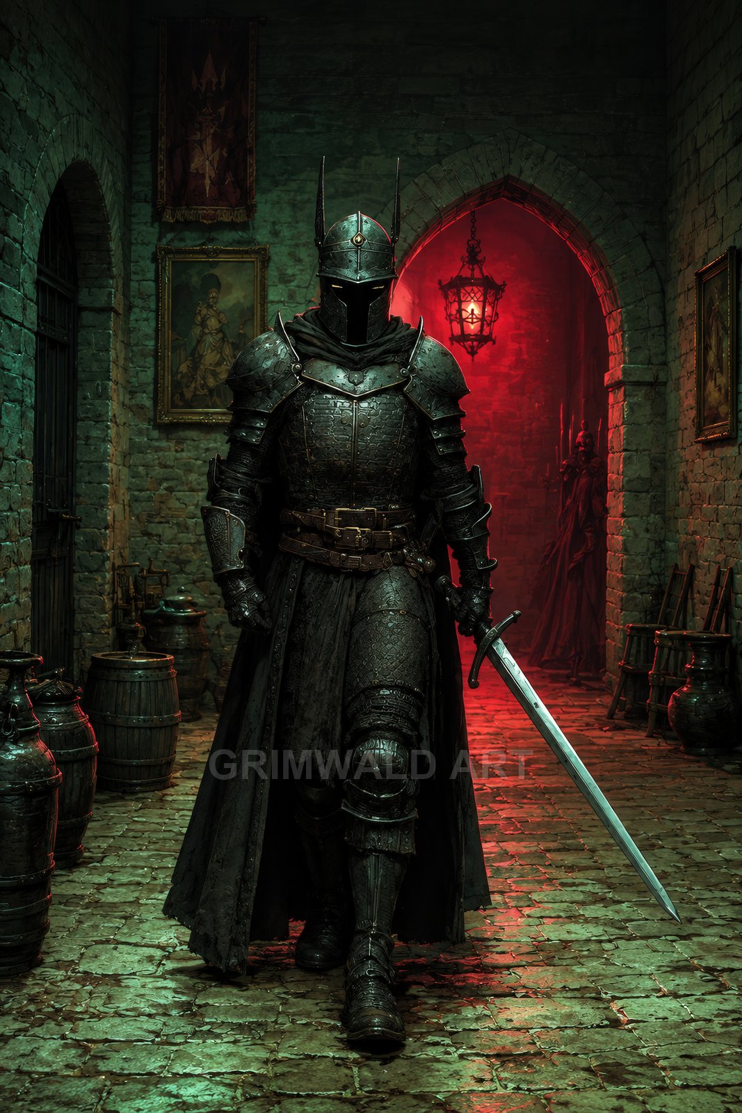 Black-armoured knight strides through a medieval stone corridor, sword drawn, under a red lantern glow, with portraits, barrels and archway behind.
