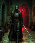 GRID THUMBNAIL — Black-armoured knight strides through a medieval stone corridor, sword drawn, under a red lantern glow, with portraits, barrels and archway behind.
