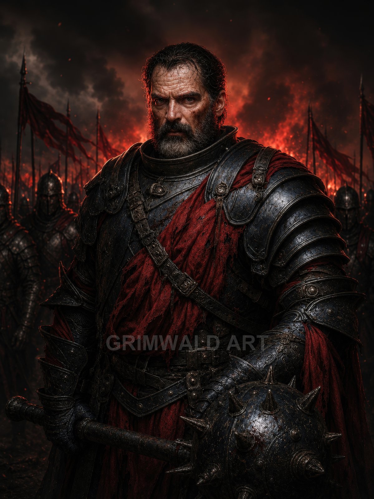 Battle-scarred knight in black armour with red cloak gripping a spiked mace, standing before burning banners and ranks of soldiers at night.