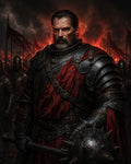 GRID THUMBNAIL — Battle-scarred knight in black armour with red cloak gripping a spiked mace, standing before burning banners and ranks of soldiers at night.