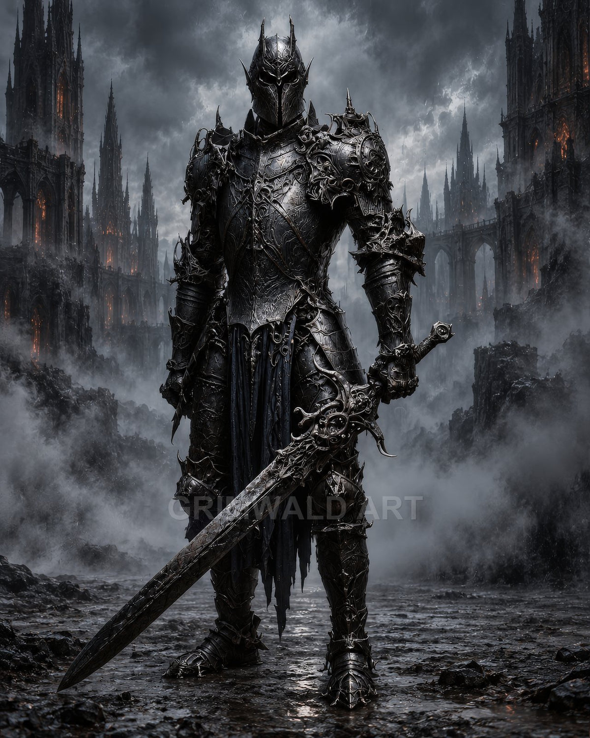 Towering black-armoured knight with spiked helm holds a massive sword amid foggy gothic ruins, firelit windows glowing through the night and slick, broken ground.