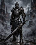 GRID THUMBNAIL — Towering black-armoured knight with spiked helm holds a massive sword amid foggy gothic ruins, firelit windows glowing through the night and slick, broken ground.
