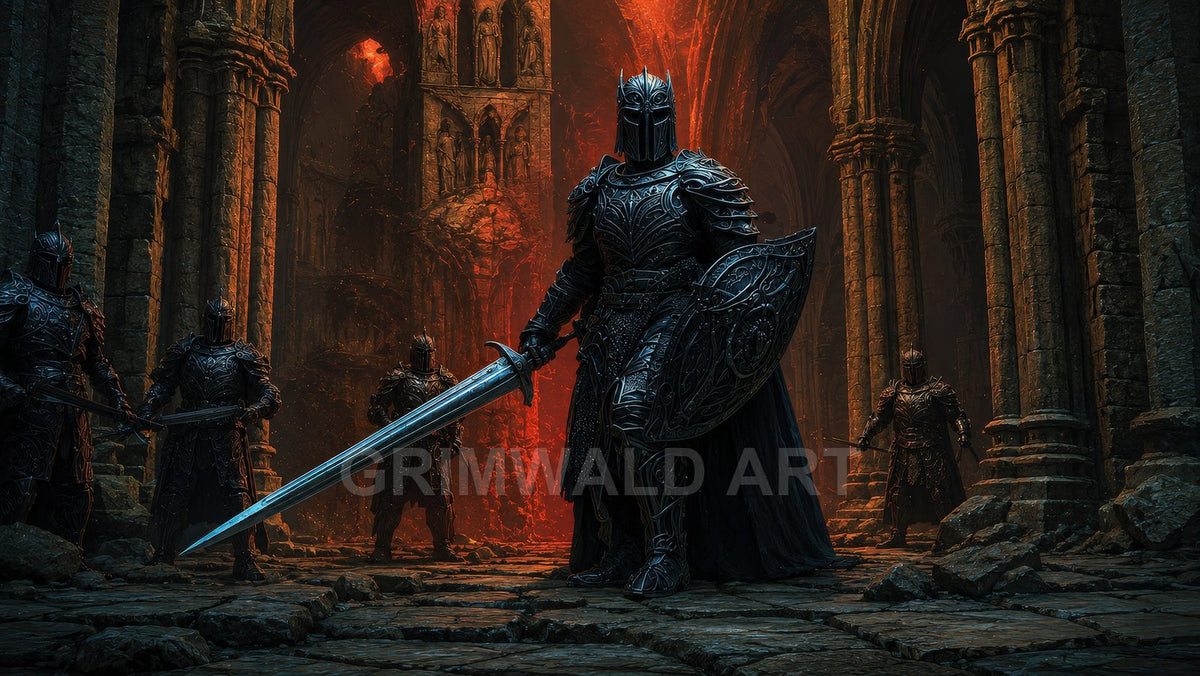A heavily armoured dark knight with sword and ornate shield stands in a ruined gothic cathedral, flanked by warriors, fiery light glowing behind.