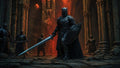 GRID THUMBNAIL — A heavily armoured dark knight with sword and ornate shield stands in a ruined gothic cathedral, flanked by warriors, fiery light glowing behind.
