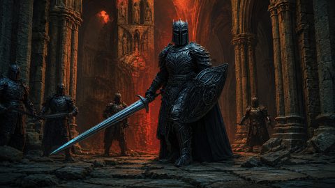 GRID THUMBNAIL — A heavily armoured dark knight with sword and ornate shield stands in a ruined gothic cathedral, flanked by warriors, fiery light glowing behind.