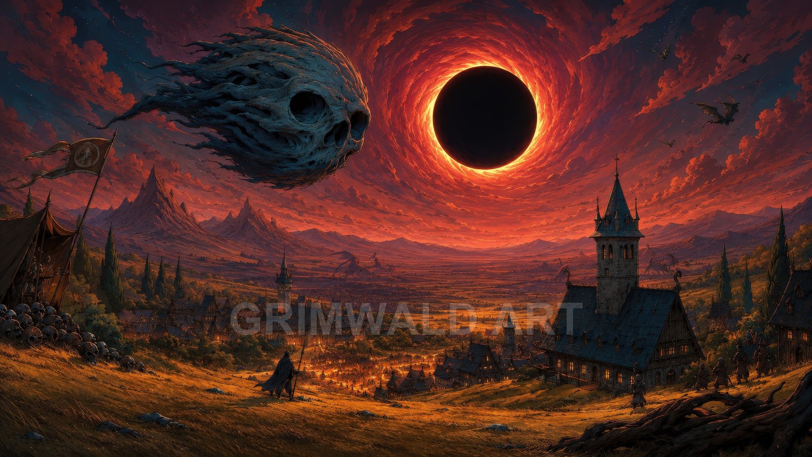 Ominous fantasy landscape with red eclipse above a medieval valley, skull-like cloud, dragons flying, towers and town bathed in fiery twilight.
