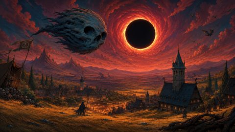GRID THUMBNAIL — Ominous fantasy landscape with red eclipse above a medieval valley, skull-like cloud, dragons flying, towers and town bathed in fiery twilight.