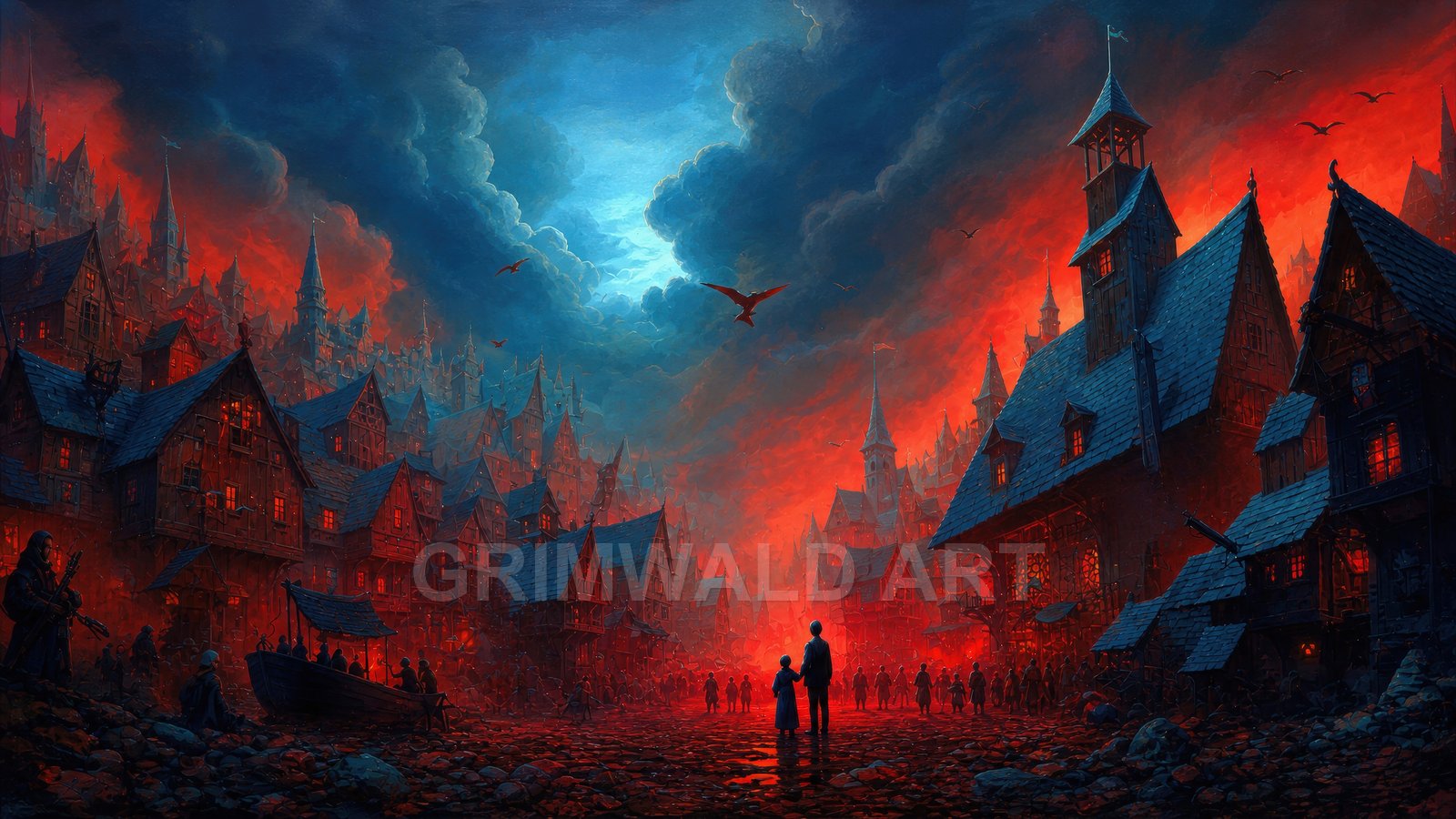 Medieval fantasy city with steep rooftops and spires glows red with firelight beneath stormy blue twilight clouds, figures gathering in a cobbled square.