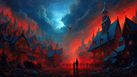 GRID THUMBNAIL — Medieval fantasy city with steep rooftops and spires glows red with firelight beneath stormy blue twilight clouds, figures gathering in a cobbled square.