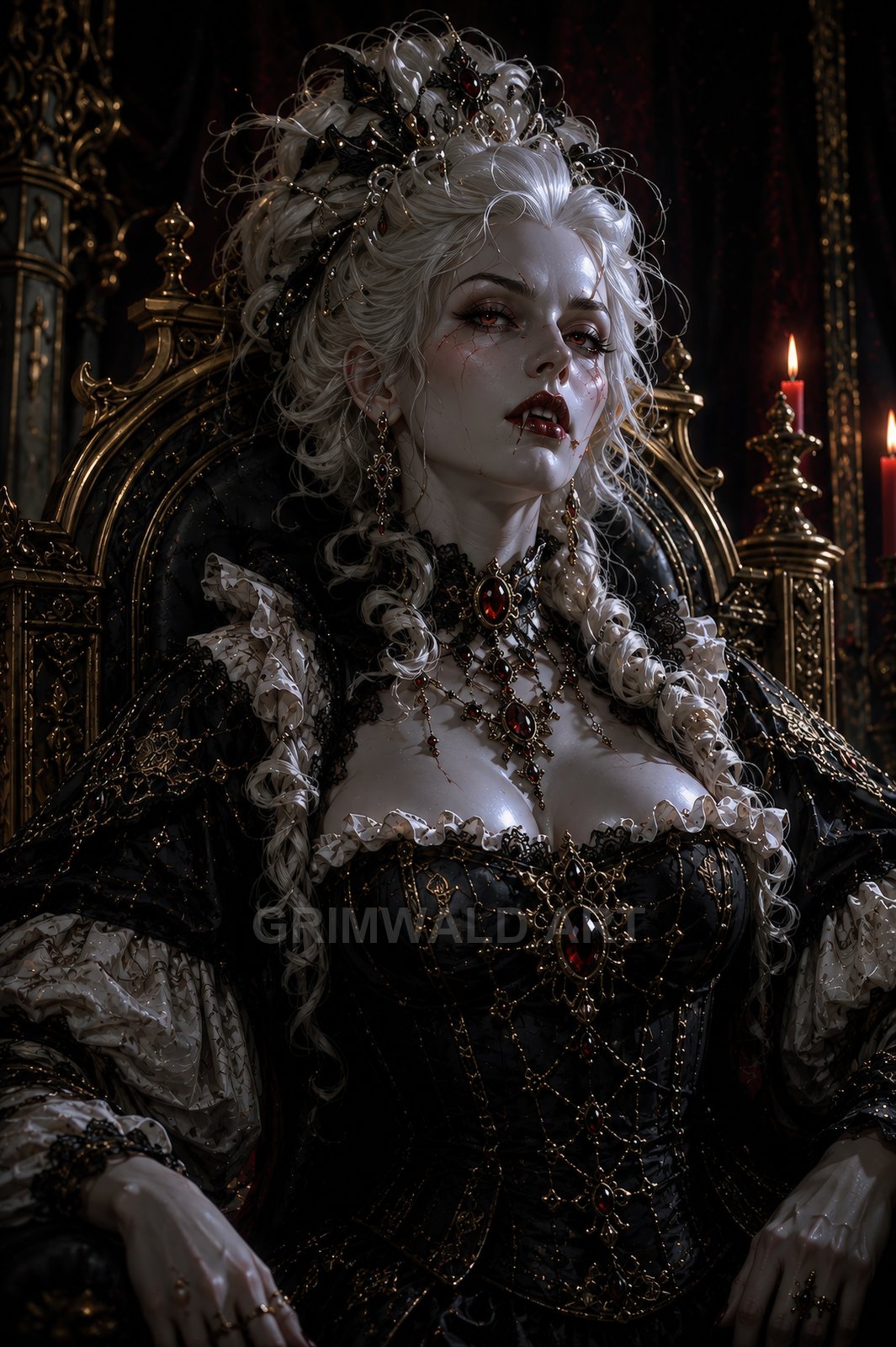 Pale vampiric noblewoman with fangs sits on an ornate golden throne, lavish black gown and ruby jewellery, lit by flickering candles.