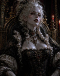 GRID THUMBNAIL — Pale vampiric noblewoman with fangs sits on an ornate golden throne, lavish black gown and ruby jewellery, lit by flickering candles.