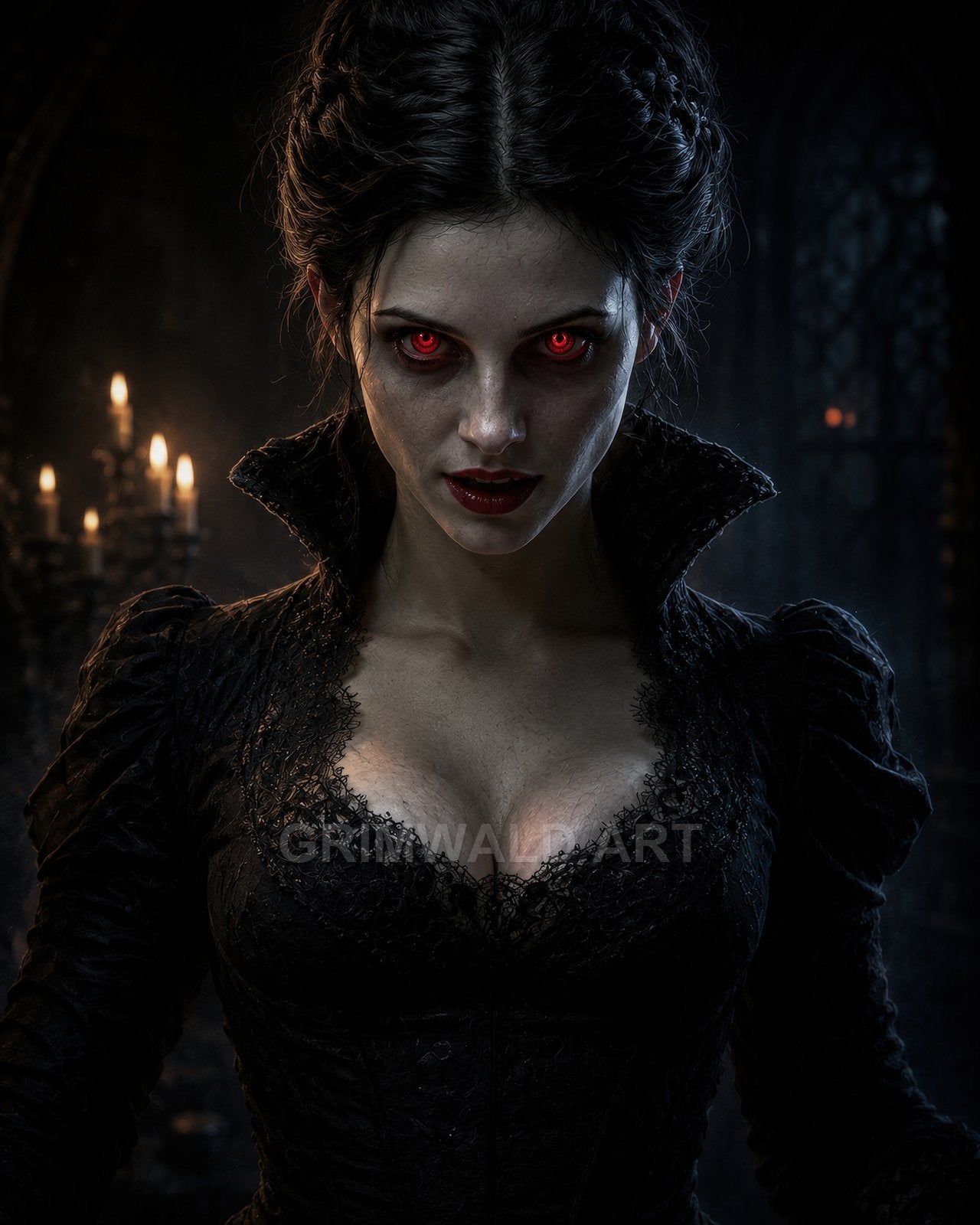 Gothic female vampire with glowing red eyes and high-collared black lace dress stares forward in a candlelit dark interior, exuding menace.
