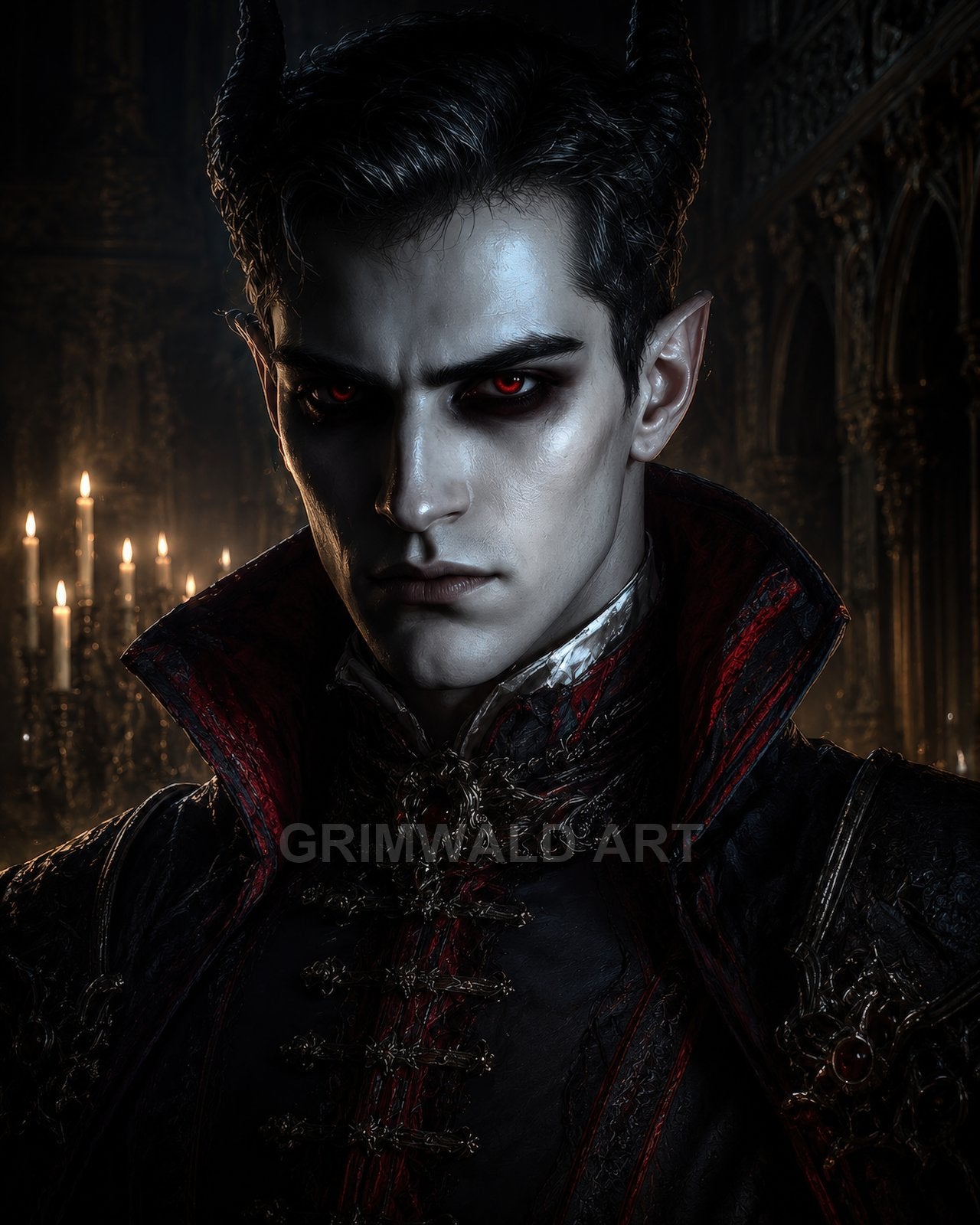Horned male demon with pale skin and red eyes in ornate dark attire, standing in a candlelit gothic hall with intricate arches.