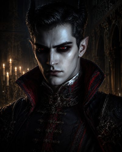 GRID THUMBNAIL — Horned male demon with pale skin and red eyes in ornate dark attire, standing in a candlelit gothic hall with intricate arches.