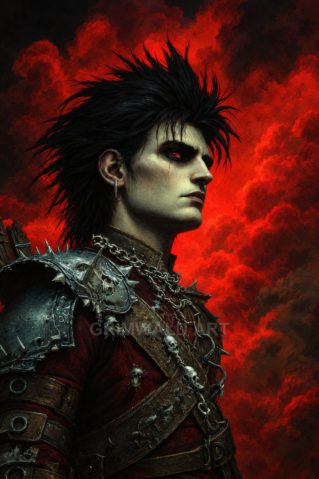 Side profile of a pale male vampire in spiked, skull-studded armour against fiery red clouds, chains and leather straps completing his gothic presence.