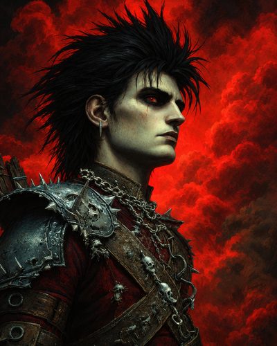 GRID THUMBNAIL — Side profile of a pale male vampire in spiked, skull-studded armour against fiery red clouds, chains and leather straps completing his gothic presence.