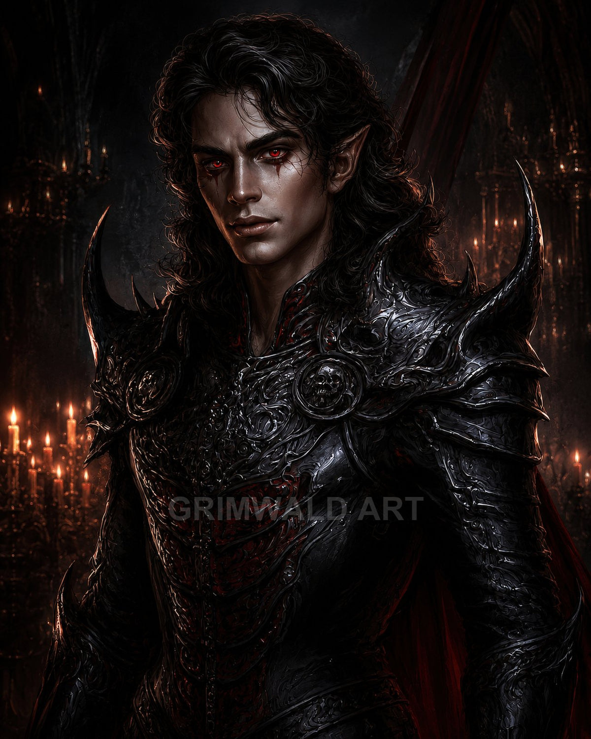 Dark fantasy portrait of a male vampire knight in spiked black armour, red eyes gleaming, candlelit gothic cathedral background with warm firelight and deep shadows.