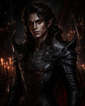 GRID THUMBNAIL — Dark fantasy portrait of a male vampire knight in spiked black armour, red eyes gleaming, candlelit gothic cathedral background with warm firelight and deep shadows.