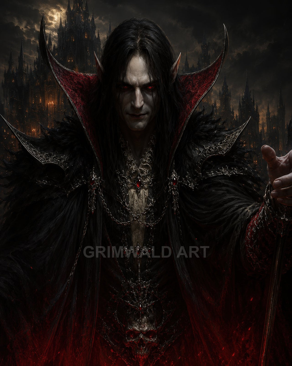 A dark, red-eyed vampire lord in ornate black armour stands before a looming gothic castle, feathers and crimson embers swirling around his outstretched hand.