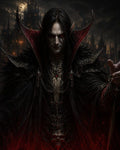 GRID THUMBNAIL — A dark, red-eyed vampire lord in ornate black armour stands before a looming gothic castle, feathers and crimson embers swirling around his outstretched hand.