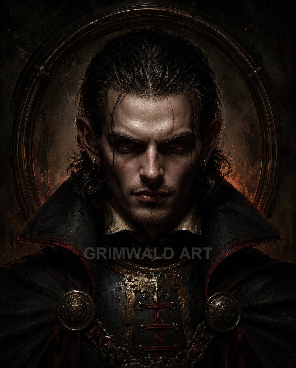 Gothic close-up portrait of a male vampire with red eyes, scars, ornate black-and-gold armour and high collar, halo-like backdrop glowing with firelit gloom.