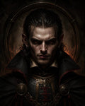GRID THUMBNAIL — Gothic close-up portrait of a male vampire with red eyes, scars, ornate black-and-gold armour and high collar, halo-like backdrop glowing with firelit gloom.