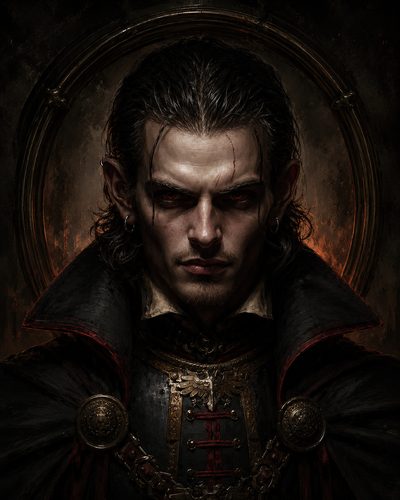 GRID THUMBNAIL — Gothic close-up portrait of a male vampire with red eyes, scars, ornate black-and-gold armour and high collar, halo-like backdrop glowing with firelit gloom.