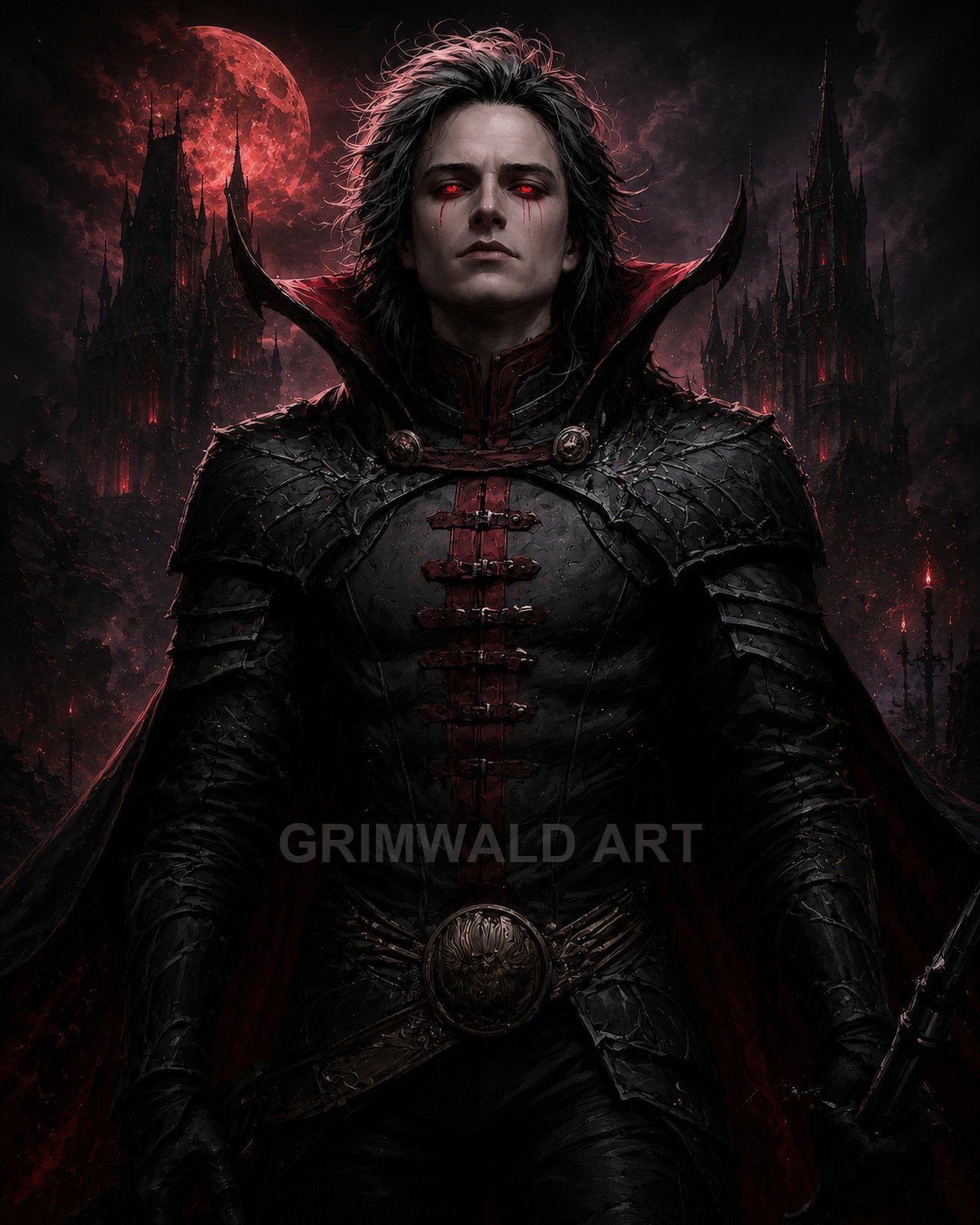 A pale, armoured vampire with glowing red eyes and blood tears stands before a Gothic castle beneath a crimson moonlit sky.