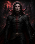 GRID THUMBNAIL — A pale, armoured vampire with glowing red eyes and blood tears stands before a Gothic castle beneath a crimson moonlit sky.