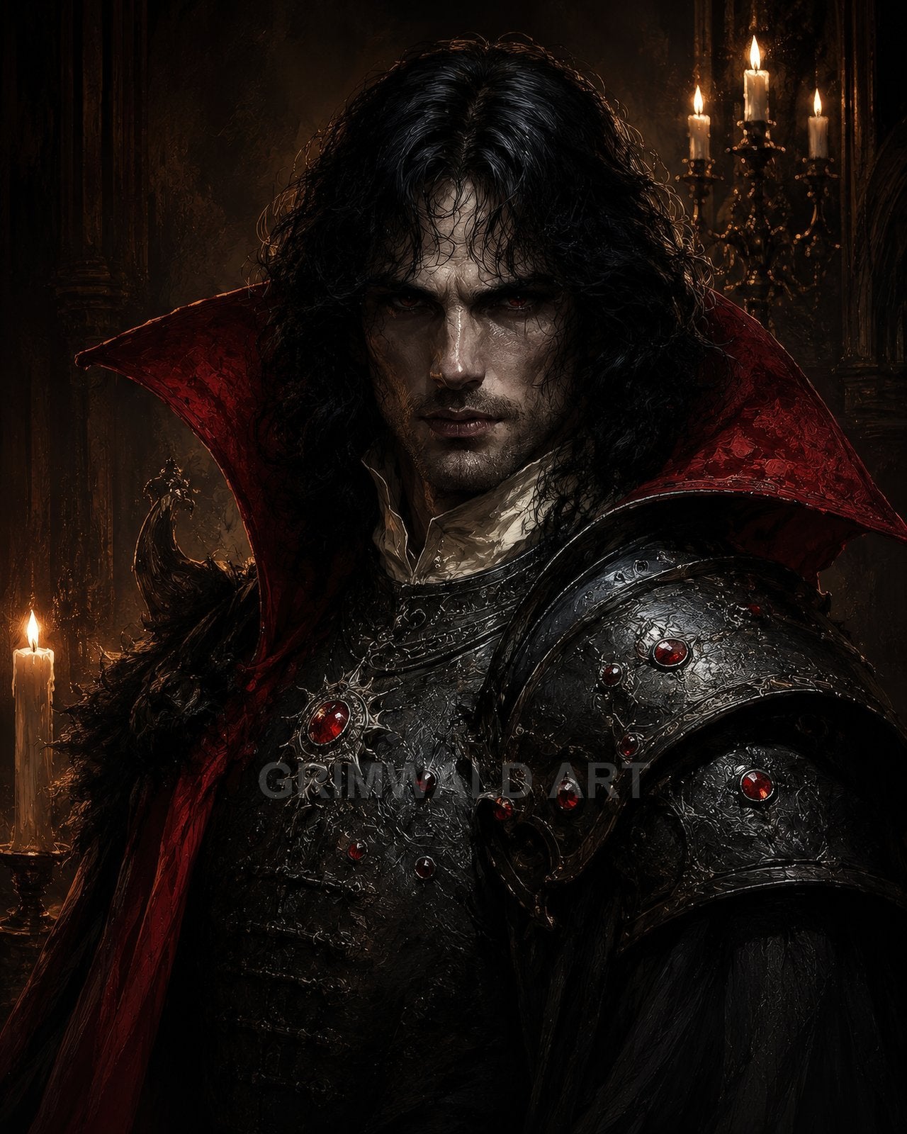 A dark-haired male vampire in gem-studded black armour with a crimson collar stands by candles in a gothic castle interior, staring intensely.