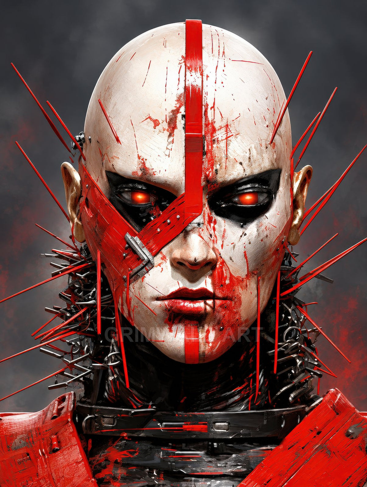 Close-up portrait of a bald cyborg with red war paint, glowing eyes, and spiked mechanical collar against a dark smoky background.