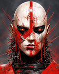 GRID THUMBNAIL — Close-up portrait of a bald cyborg with red war paint, glowing eyes, and spiked mechanical collar against a dark smoky background.