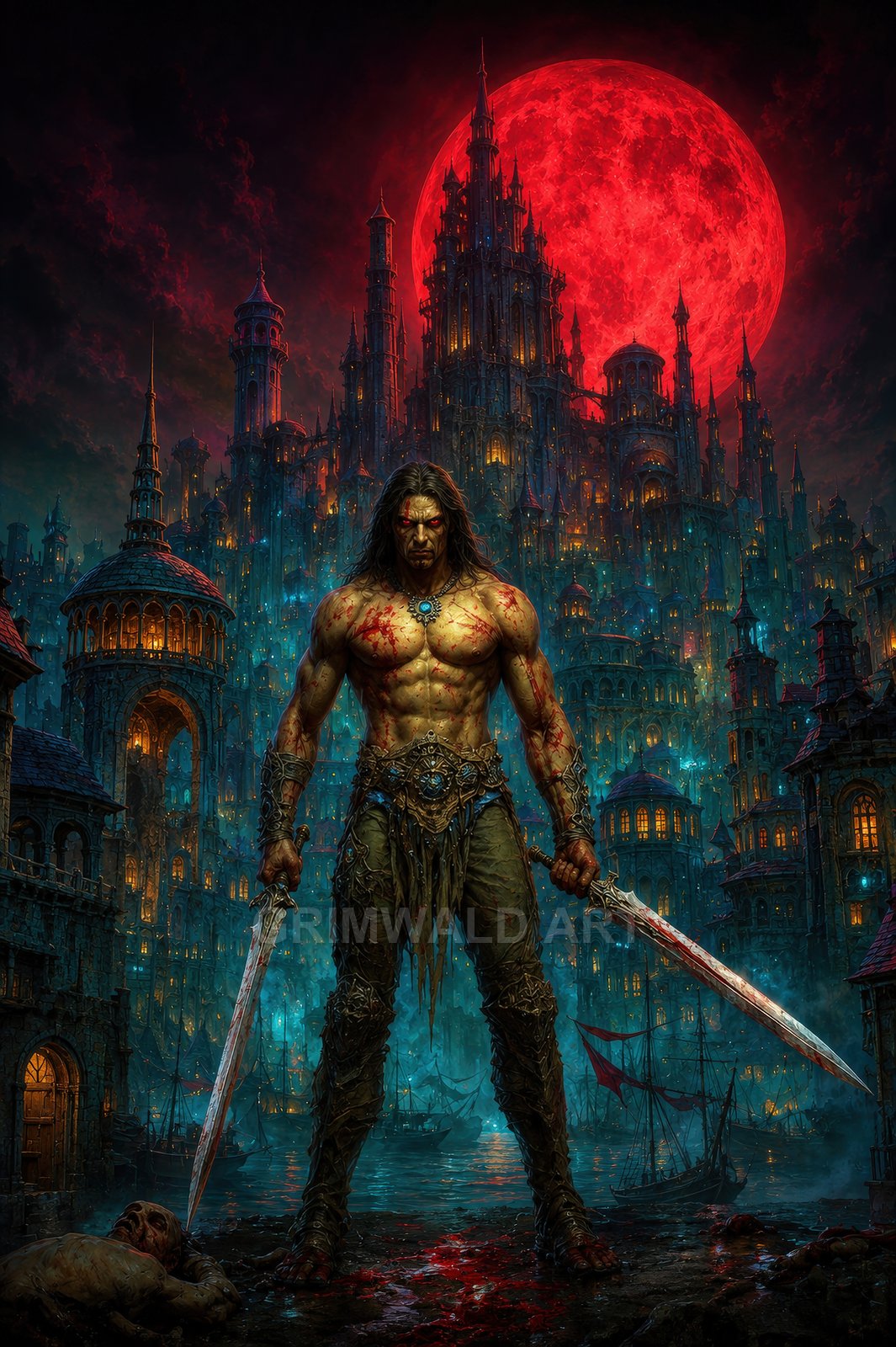 Armoured barbarian with bare, blood-smeared torso holds two bloodied swords before a towering gothic city, harbour and boats beneath a colossal blood-red moon at night.