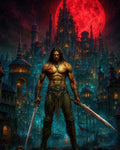 GRID THUMBNAIL — Armoured barbarian with bare, blood-smeared torso holds two bloodied swords before a towering gothic city, harbour and boats beneath a colossal blood-red moon at night.