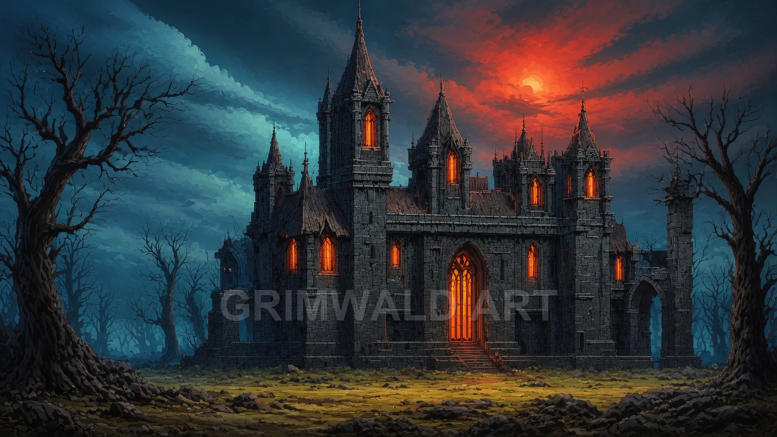 A brooding gothic stone castle glows with orange light beneath a blood-red moon, ringed by leafless trees and dark blue, wind-streaked clouds.