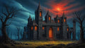 GRID THUMBNAIL — A brooding gothic stone castle glows with orange light beneath a blood-red moon, ringed by leafless trees and dark blue, wind-streaked clouds.