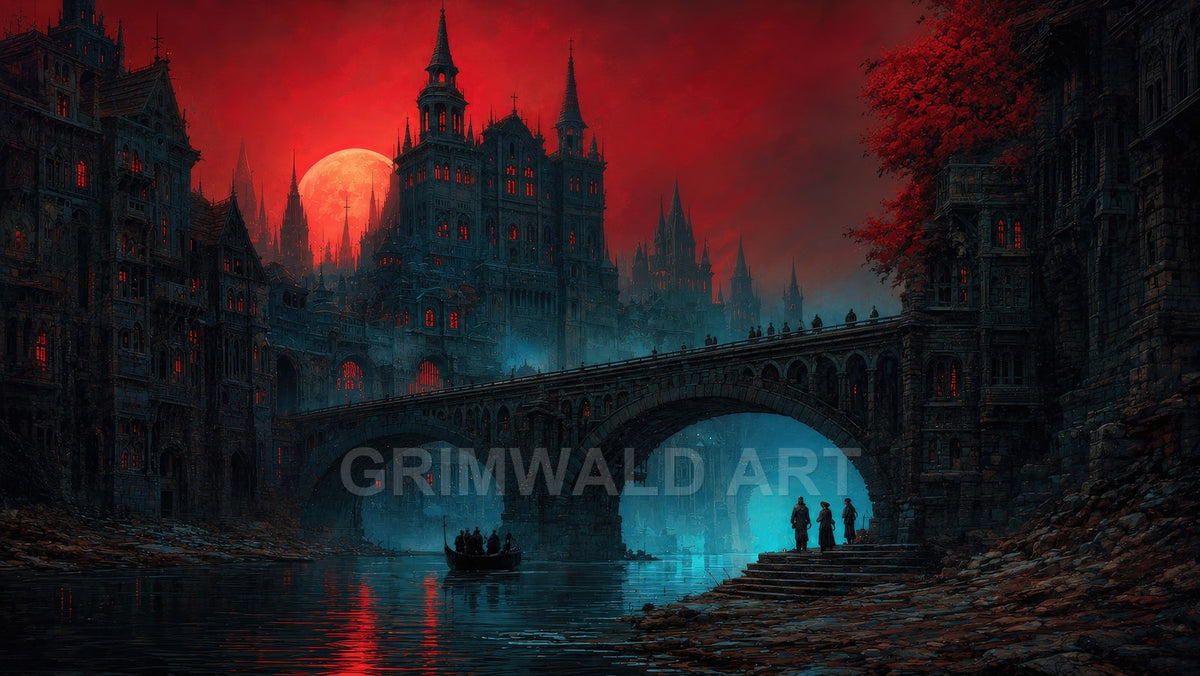Gothic city with towering spires beneath a blood-red moon, stone bridge over a misty river, glowing windows, small figures on steps and a boat.